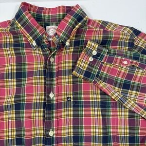 Brooks Brothers Plaid Button-Down Shirt Pink Mens Medium Long Sleeve Casual